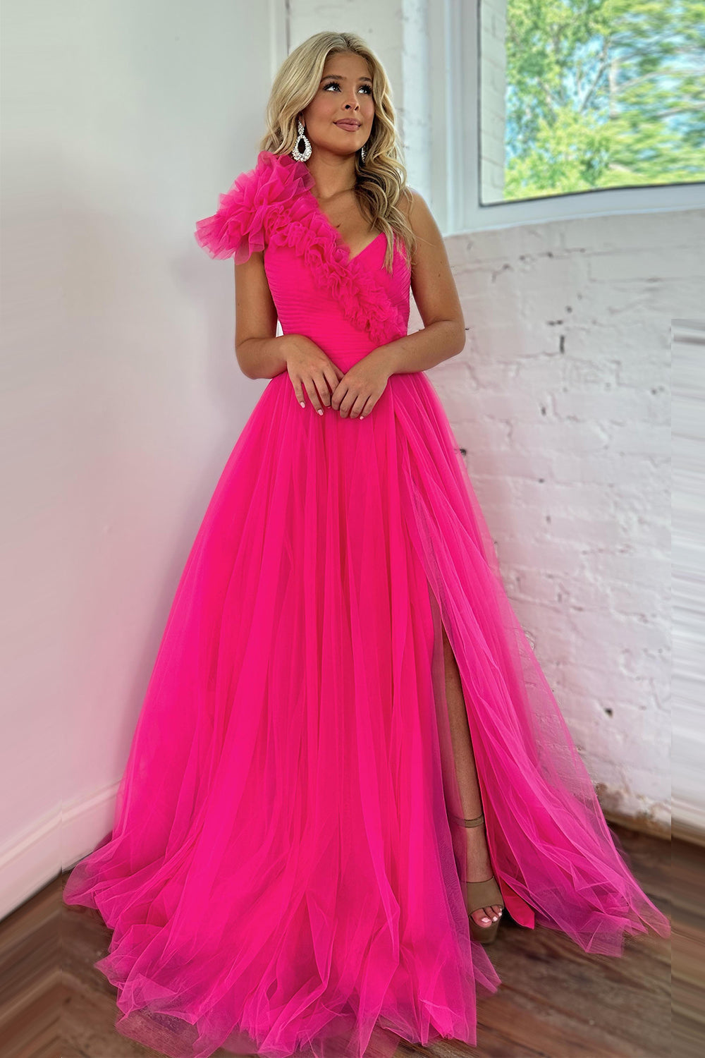 Fuchsia A-Line One Shoulder Long Tulle Formal Dress with Ruffles