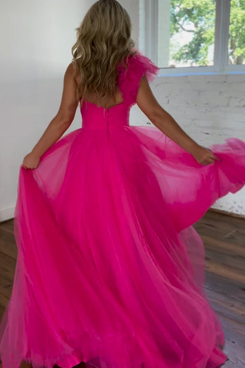 Fuchsia A-Line One Shoulder Long Tulle Formal Dress with Ruffles