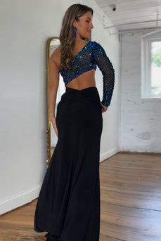 Sparkly Black Beaded One Shoulder Long Formal Dress with Slit