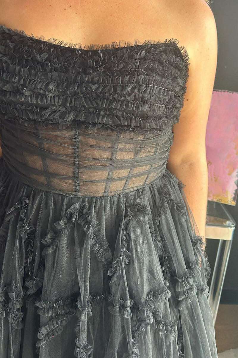 Load image into Gallery viewer, Black Corset A-Line Strapless Long Formal Dress with Ruffles