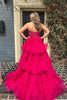 Load image into Gallery viewer, Sparkly Fuchsia Tulle Tiered Corset Long Formal Dress with Lace