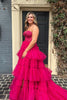 Load image into Gallery viewer, Sparkly Fuchsia Tulle Tiered Corset Long Formal Dress with Lace