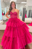 Load image into Gallery viewer, Glitter Fuchsia Tulle Tiered Corset Long Formal Dress with Lace