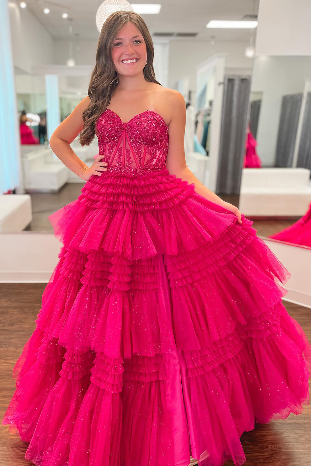 Glitter Fuchsia Tulle Tiered Corset Long Formal Dress with Lace