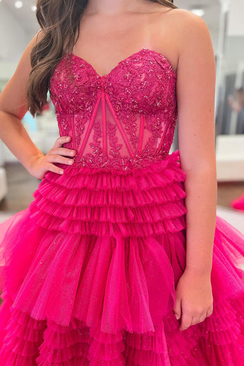 Glitter Fuchsia Tulle Tiered Corset Long Formal Dress with Lace