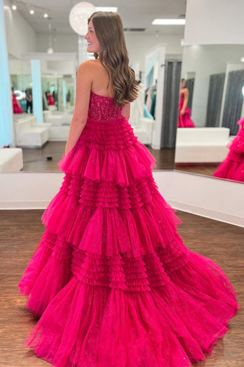 Glitter Fuchsia Tulle Tiered Corset Long Formal Dress with Lace