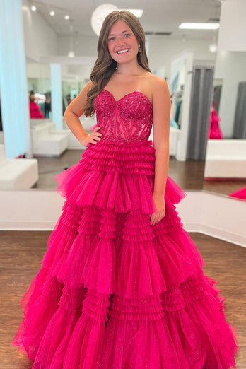 Glitter Fuchsia Tulle Tiered Corset Long Formal Dress with Lace