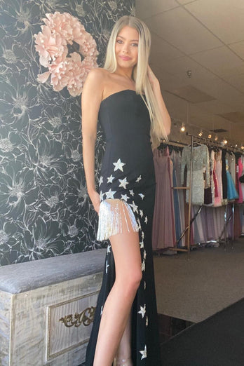 Black Sheath Long Formal Dress with Stars and Fringes