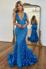 Load image into Gallery viewer, Sparkly Blue Deep V-Neck Mermaid Formal Dress