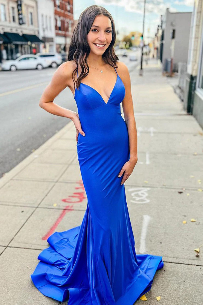 Load image into Gallery viewer, Blue Spaghetti Straps Mermaid Formal Dress