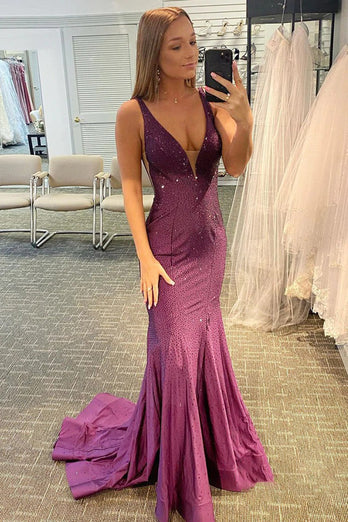 Mermaid Deep V Neck Orange Long Formal Dress with Beading