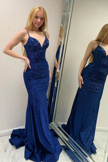 Sparkly Navy Beaded Mermaid Backless Long Formal Dress