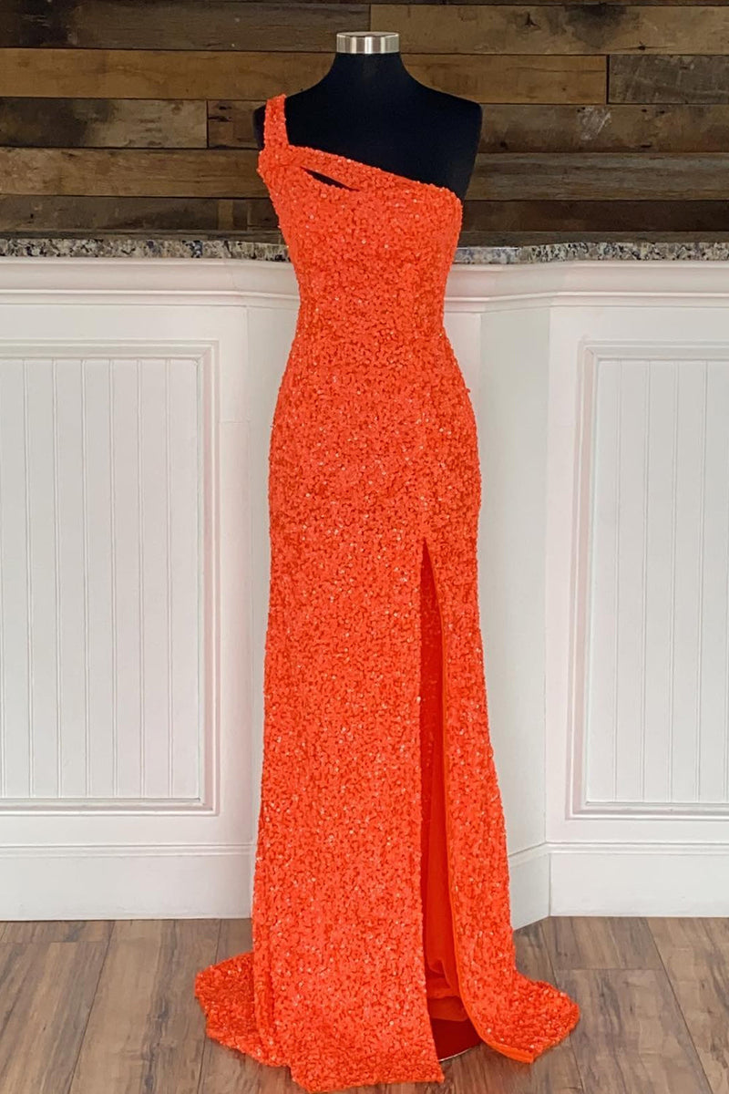 Load image into Gallery viewer, Sheath One Shoulder Orange Sequins Long Formal Dress