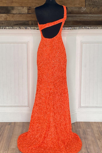 Sheath One Shoulder Orange Sequins Long Formal Dress