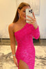 Load image into Gallery viewer, Fuchsia One Shoulder Mermaid Sequins Long Formal Dress