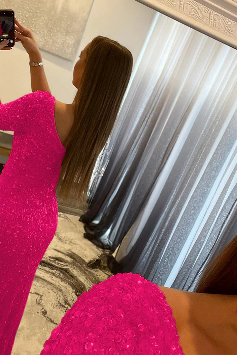 Load image into Gallery viewer, Fuchsia One Shoulder Mermaid Sequins Long Formal Dress