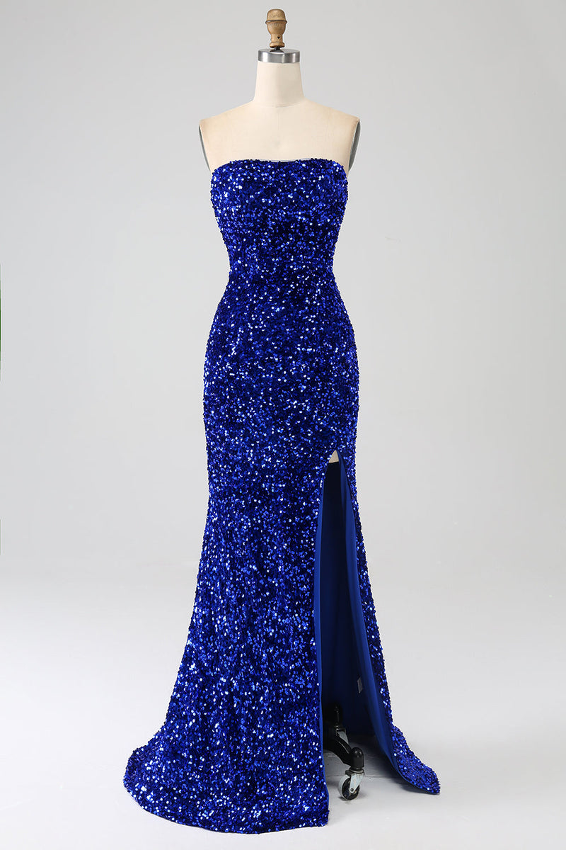 Load image into Gallery viewer, Royal Blue Strapless Sequins Long Mermaid Formal Dress With Slit