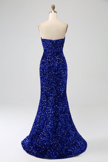 Royal Blue Strapless Sequins Long Mermaid Formal Dress With Slit