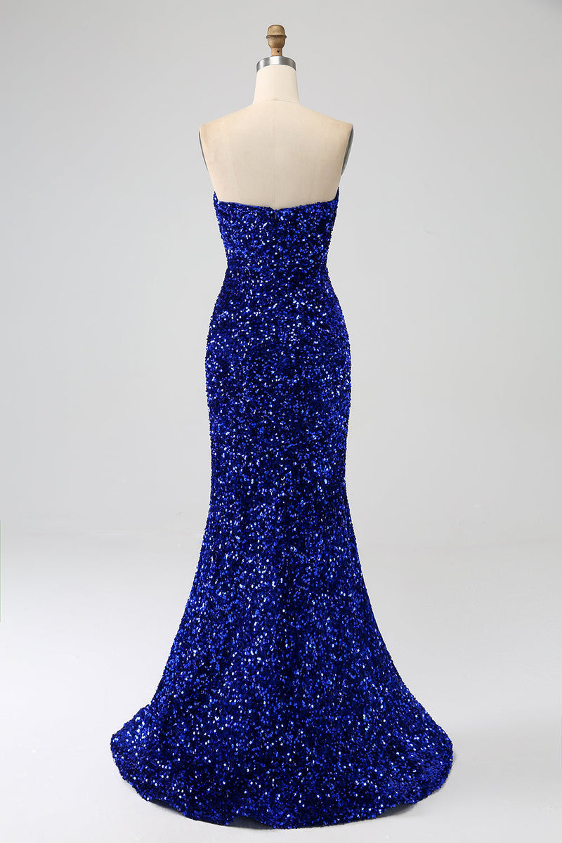 Load image into Gallery viewer, Royal Blue Strapless Sequins Long Mermaid Formal Dress With Slit