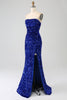 Load image into Gallery viewer, Royal Blue Strapless Sequins Long Mermaid Formal Dress With Slit