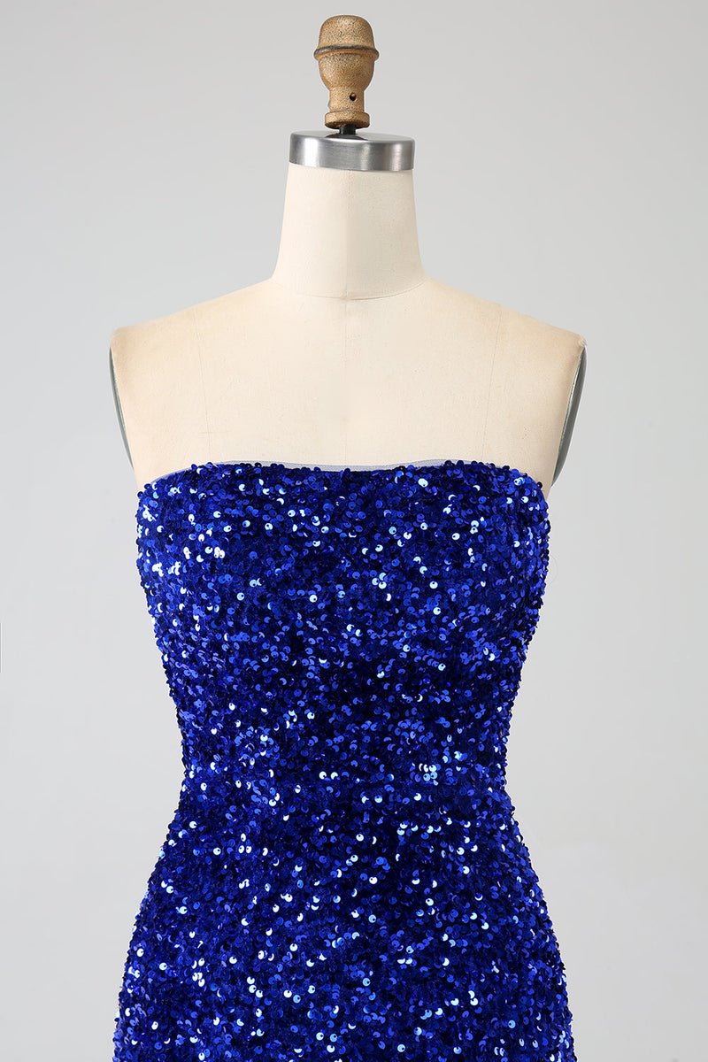 Load image into Gallery viewer, Royal Blue Strapless Sequins Long Mermaid Formal Dress With Slit