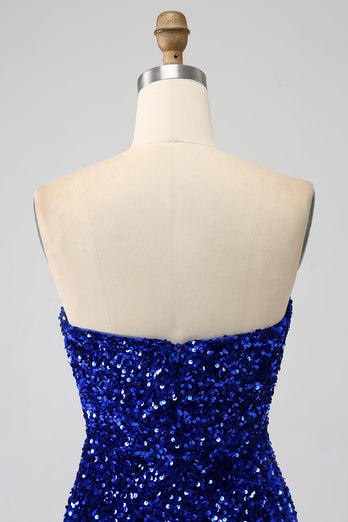 Royal Blue Strapless Sequins Long Mermaid Formal Dress With Slit