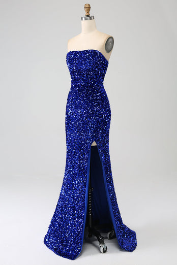 Royal Blue Strapless Sequins Long Mermaid Formal Dress With Slit