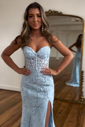 Sweetheart Light Blue Corset Long Lace Formal Dress with Slit