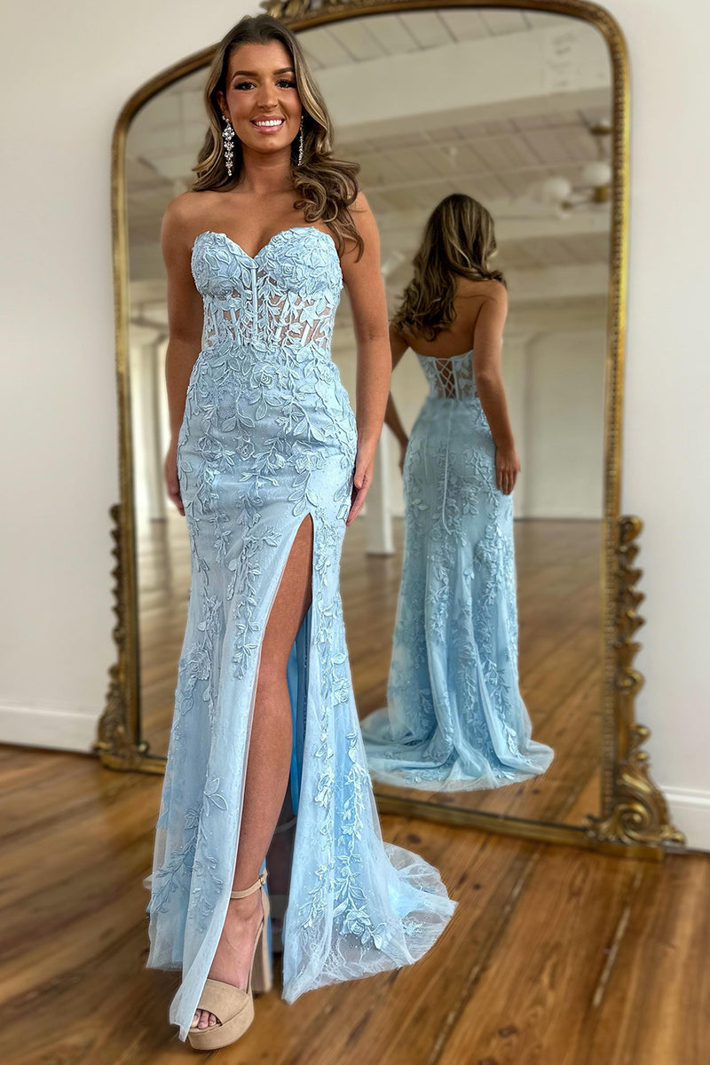 Load image into Gallery viewer, Sweetheart Light Blue Corset Long Lace Formal Dress with Slit