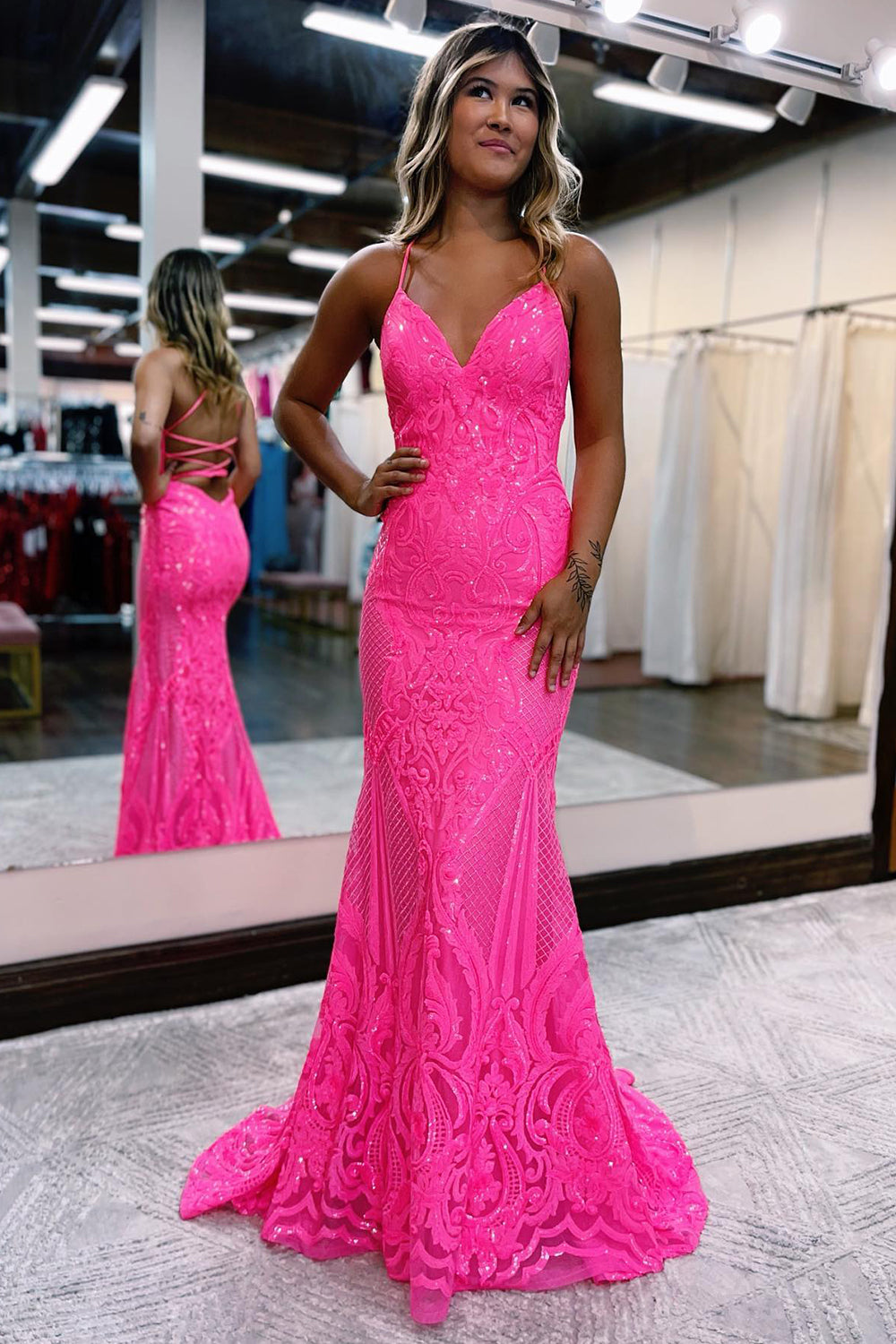 V Neck Pink Glitter Backless Mermaid Bodycon Long Formal Dress