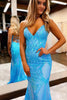 Load image into Gallery viewer, V Neck Pink Glitter Backless Mermaid Bodycon Long Formal Dress