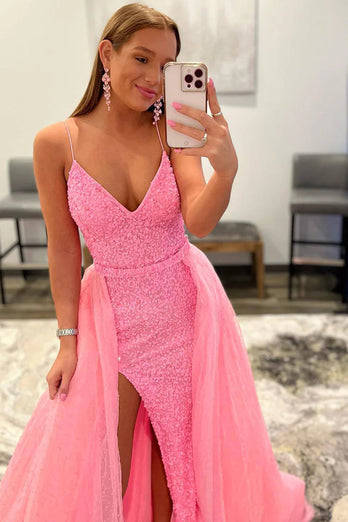 Sparkly Pink Detachable Train Sequins Formal Dress with Slit