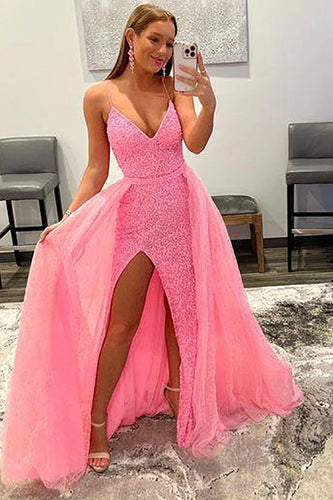 Sparkly Pink Detachable Train Sequins Formal Dress with Slit