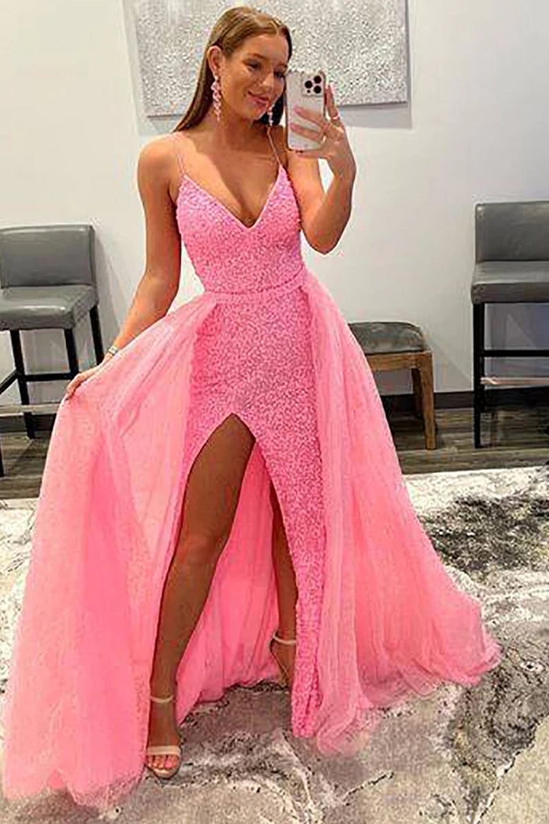 Load image into Gallery viewer, Sparkly Pink Detachable Train Sequins Formal Dress with Slit