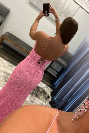 Sparkly Pink Detachable Train Sequins Formal Dress with Slit