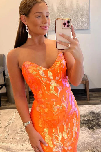 Sparkly Orange Sequin Sweetheart Lace-Up Back Long Formal Dress