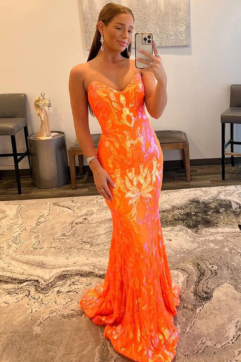 Load image into Gallery viewer, Sparkly Orange Sequin Sweetheart Lace-Up Back Long Formal Dress