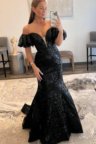 Sparkly Black Sequin Off the Shoulder Long Formal Dress