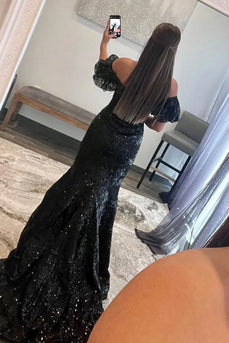 Sparkly Black Sequin Off the Shoulder Long Formal Dress