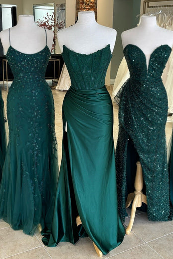 Sparkly Dark Green Sheath Corset Long Formal Dress with Lace