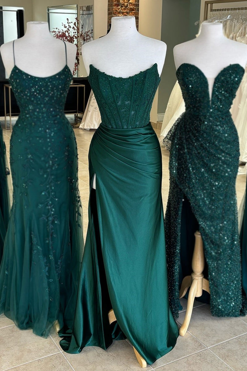 Load image into Gallery viewer, Sparkly Dark Green Sheath Corset Long Formal Dress with Lace