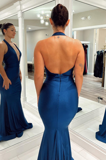 Dark Blue Mermaid Backless Long Formal Dress