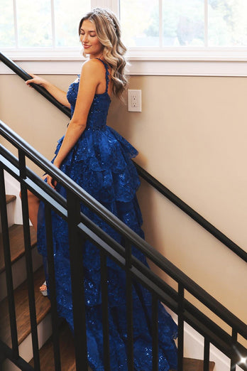 Glitter Royal Blue A Line Long Tiered Appliqued Formal Dress With Slit