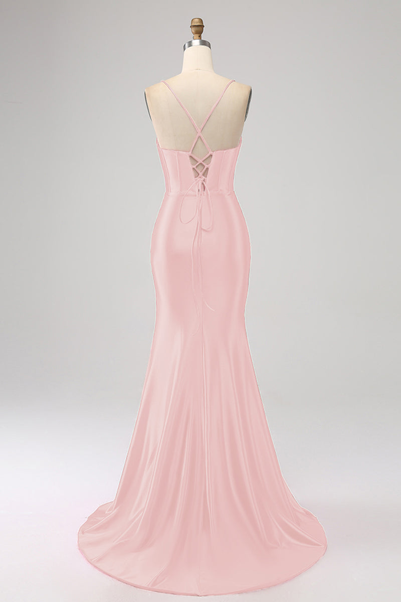 Load image into Gallery viewer, Fuchsia Spaghetti Straps Satin Mermaid Formal Dress with Slit