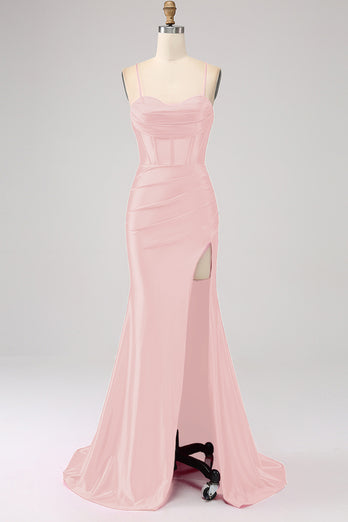 Fuchsia Spaghetti Straps Satin Mermaid Formal Dress with Slit