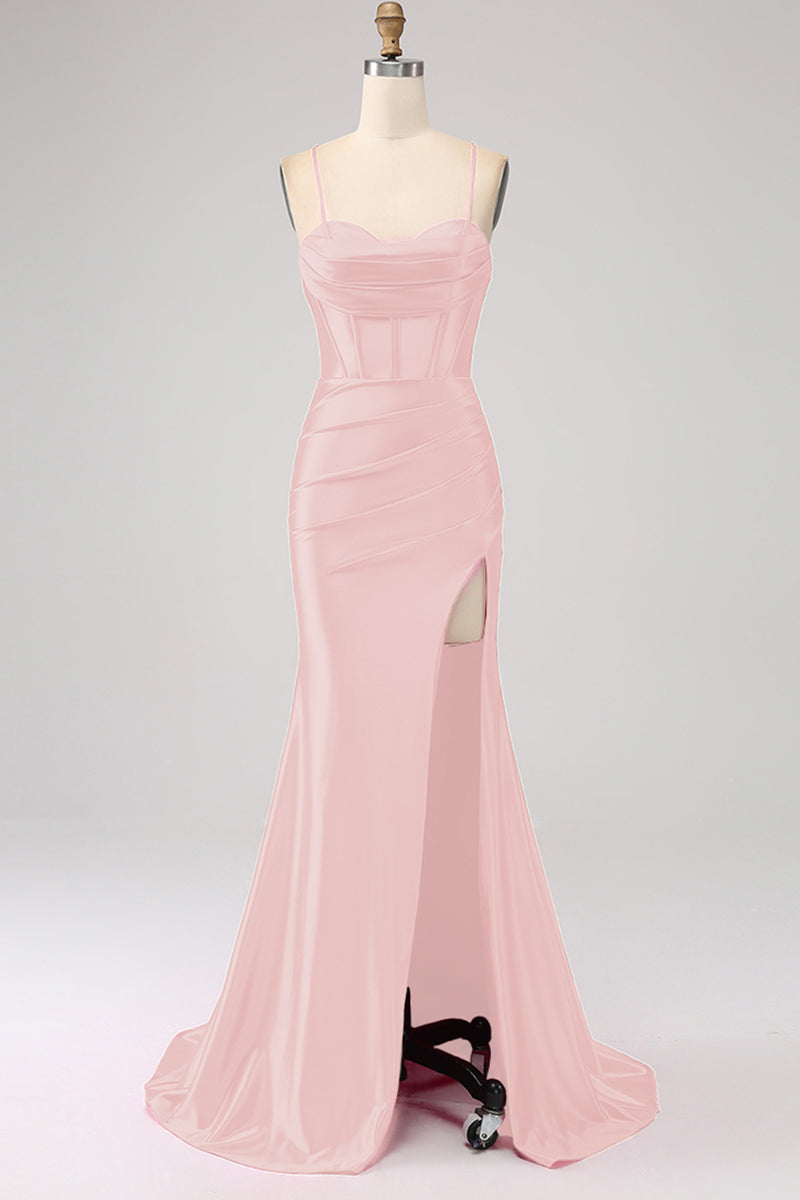 Load image into Gallery viewer, Fuchsia Spaghetti Straps Satin Mermaid Formal Dress with Slit