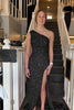 Load image into Gallery viewer, Sparkly Sheath One Shoulder Navy Sequins Long Formal Dress with Slit