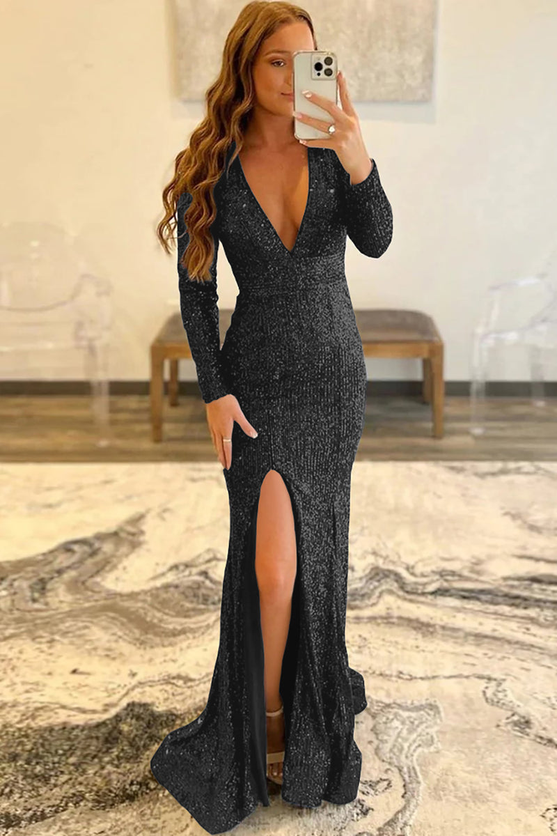 Load image into Gallery viewer, Mermaid Glitter Navy Sequins Mesh Evening Dress Backless Formal Dress