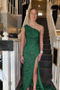 Load image into Gallery viewer, Sparkly Sheath One Shoulder Navy Sequins Long Formal Dress with Slit