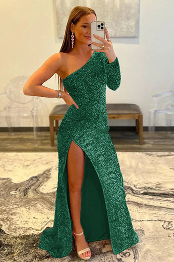 Golden One Shoulder Sequined Formal Dress